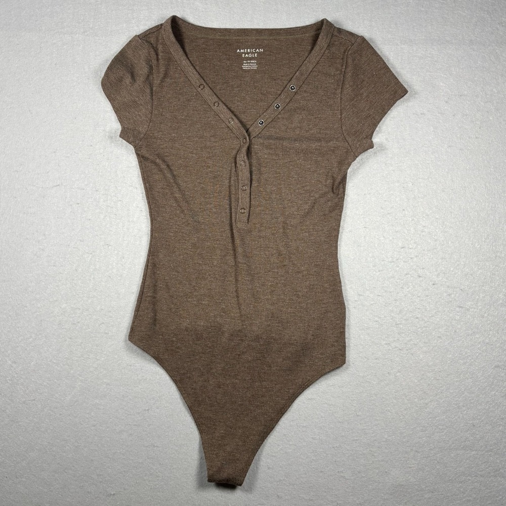 American Eagle Brown Ribbed Bodysuit Short Sleeve Snap Neck Women's Size XS